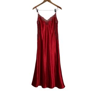 Red Satin and Black Lace Maxi Slip Dress Size Small